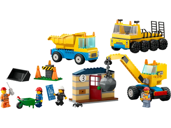 Construction Trucks and Wrecking Ball Crane