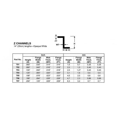 Evergreen 751 White Polystyrene Z Channel .060 x .030 x 14   / 1.5mm x 0.76mm x 36cm