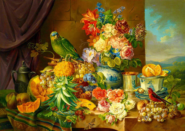 1000pc Josef Schuster: Still Life with Fruit Flowers and a Parrot Jigsaw Puzzle