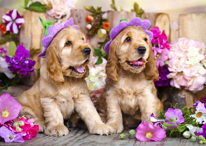 1000pc Spaniel Puppies with Flower Hats Jigsaw Puzzle