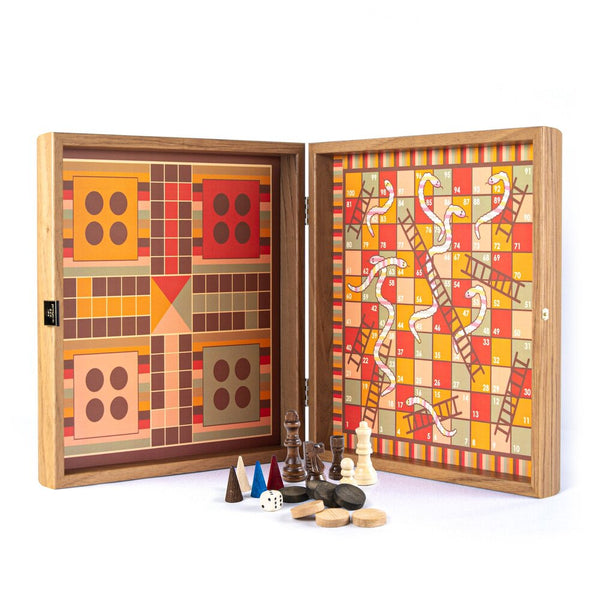 Chess/Backgammon/Ludo/Snakes   Rainbow  Walnut replica wooden case