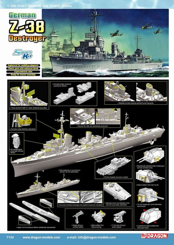 Dragon - Dragon 7134 1/700 German Z-38 Destroyer (Smart Kit)